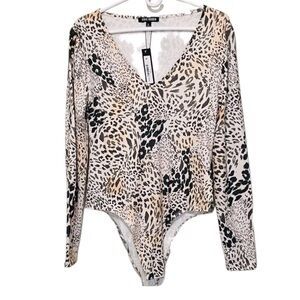 Steve Madden Leopard Long Sleeve Bodysuit, V-Neck, Snap Closure, Size Large, NWT